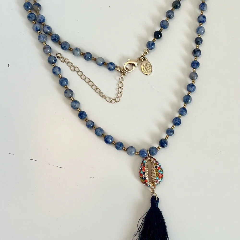Tommy Bahama Beaded Tassel Necklace Shell Rhinestone Boho Beachy tropical Mala - Picture 1 of 6